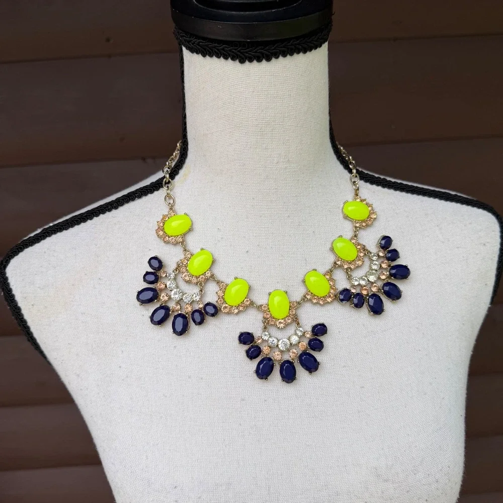 Neon Lime Chartreuse & Navy Blue Rhinestone Statement Bib Necklace